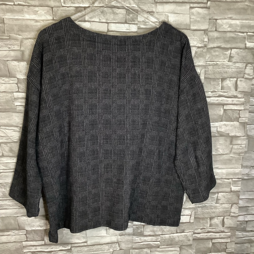 Eileen Fisher size L check print 3/4 sleeve scoop neck blouse (W451)